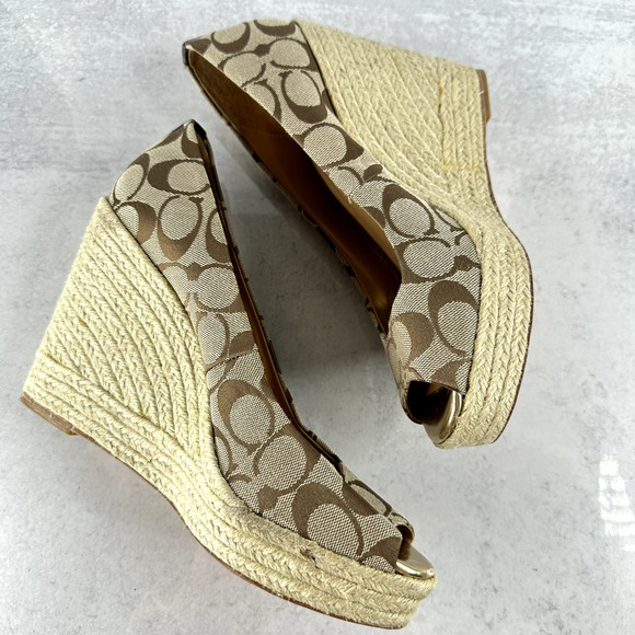 Coach Milan Platform Women's 10 B Brown Wedge Heel Peep Toe Signature Logo - Picture 7 of 10